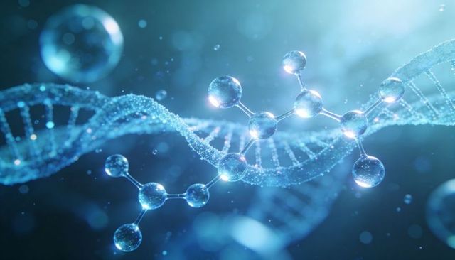Holographic molecular model floating above glowing dna helix, nanotech visualization