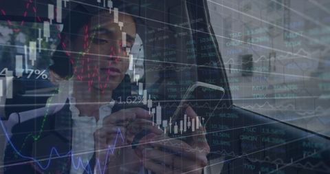 Businesswoman analyzing stock data on smartphone with digital overlay