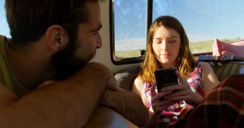 Young Couple Relaxing in Van on Road Trip - Download Free Stock Images Pikwizard.com