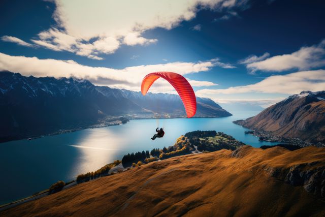 Person paragliding over breathtaking mountain landscape with beautiful lake view below, surrounded by rugged mountain peaks and lush greenery. Ideal for use in travel brochures, adventure sport promotions, tourism websites, and inspirational posters.
