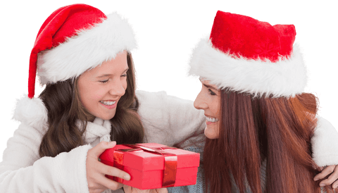 Caucasian Mother and Daughter Celebrating Christmas with Gifts on Transparent Background