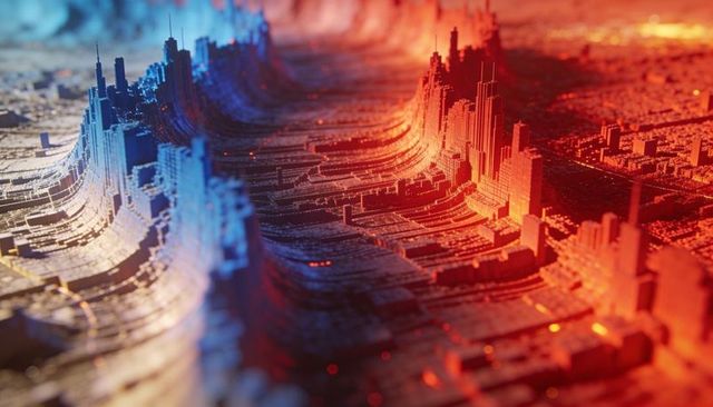 Duotone microcity landscape showing layered circuit skyscraper valleys and terraced ridges