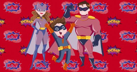 Joyful Superhero Family Celebrating on Vibrant Red Background