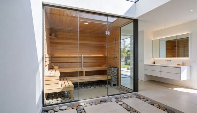 Showcasing glass-front sauna in minimalist spa bathroom with skylight and pebble floor