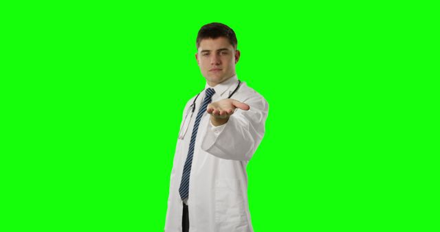 Male doctor in white lab coat holding out hand with a green screen background. Ideal for medical and healthcare promotions, educational materials, telemedicine services, or digital content where you can replace the green background with your choice of imagery or text.