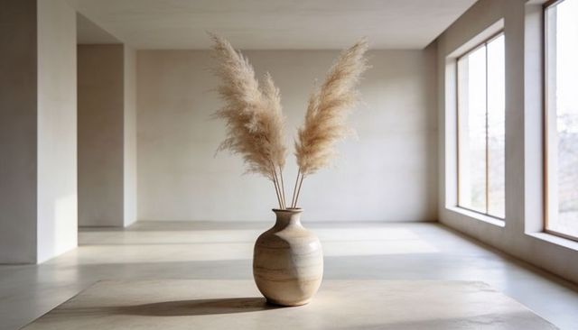 Minimalist beige ceramic vase with pampas grass in sunlit modern interior for home decor