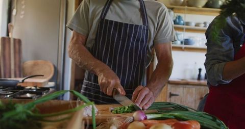 Senior Couple Cooking Together in Kitchen Preparing Vegetables