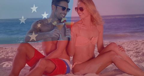 Couple Enjoying Beach Vacation with Samoa Flag Overlay