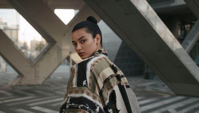Asian woman glancing over shoulder under concrete beams in urban editorial patterned coat