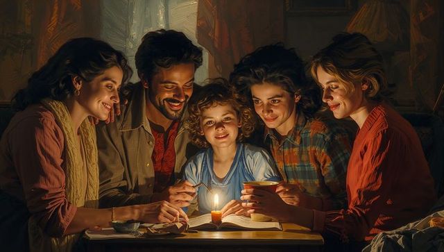 Multigenerational family gathering around candlelit book sharing stories and warmth