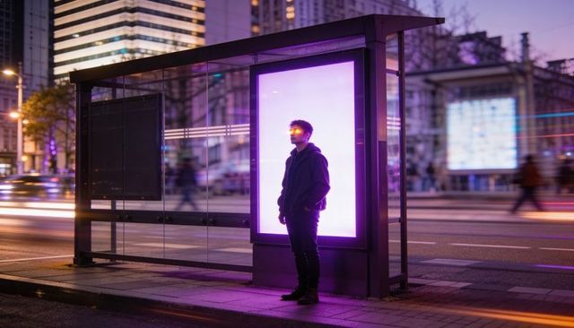 Asian man standing in neon backlit bus stop soaking purple light on city night street