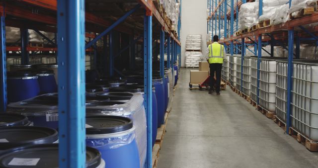 Worker using hand truck to move boxes along warehouse aisle filled with blue drums and various containers. Ideal for themes related to logistics, inventory management, supply chain, workplace safety, and organizational efficiency in industrial settings.