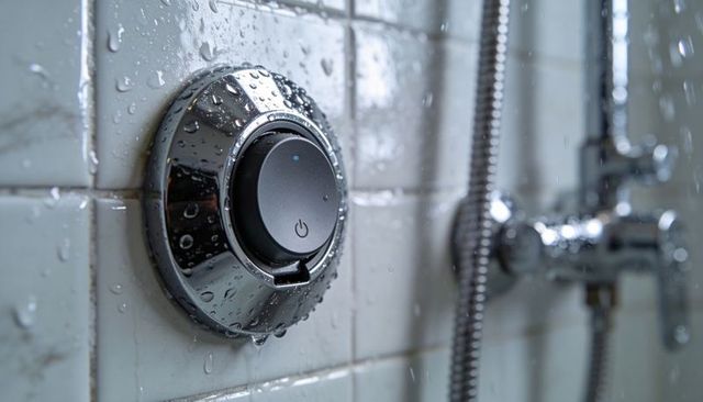 Waterproof chrome shower control knob with power button, water droplets and hose close-up