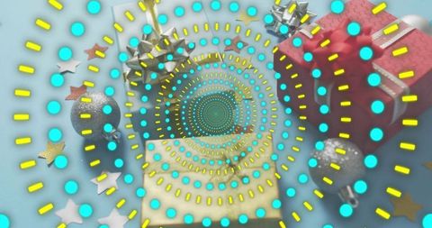 Festive spiral overlay with turquoise dot tunnel and yellow dash accents over gift scene