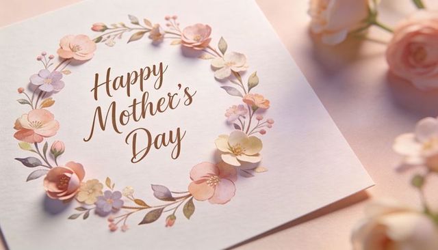 Elegant mother's day card with pastel floral wreath, layered paper flowers and gold calligraphy