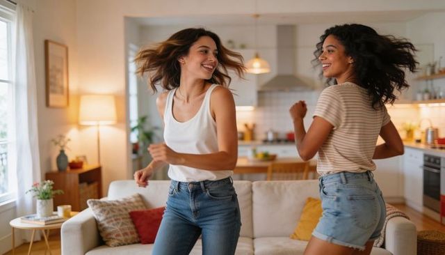 Joyful friends dancing in sunlit living room wearing casual denim and warm home decor