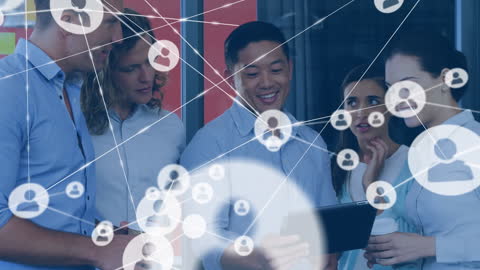 Diverse Colleagues Collaborating with Digital Network Interface Overlay