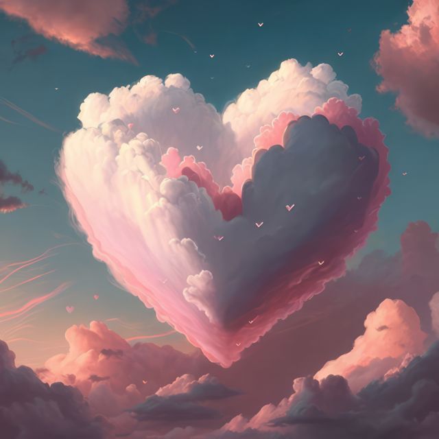 Magical heart-shaped cloud floating in a vibrant sunset sky. Perfect for romantic, nature, and inspirational themes. Ideal for Valentine's Day cards, love-themed projects, and wall art. Use for expressing emotions and sentiments in creative designs.
