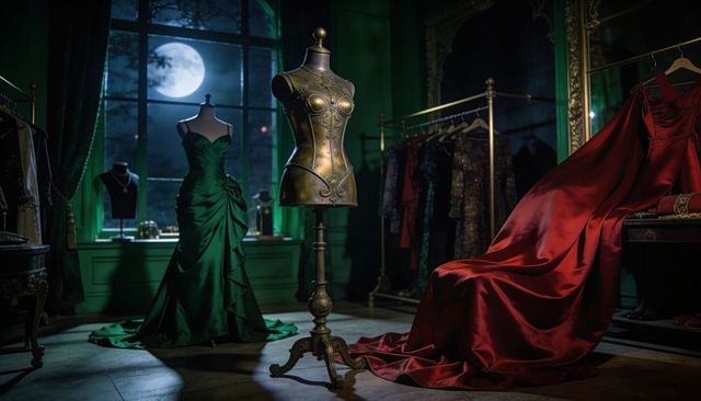 Moonlit couture atelier featuring antique bronze dress form and emerald silk evening gown