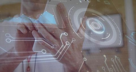 Futuristic Interface Interaction with Smartphone in Modern Office