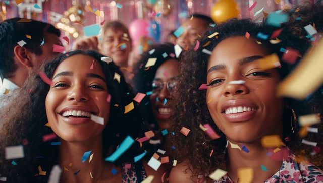 Friends Celebrating Joyously with Confetti and Decor