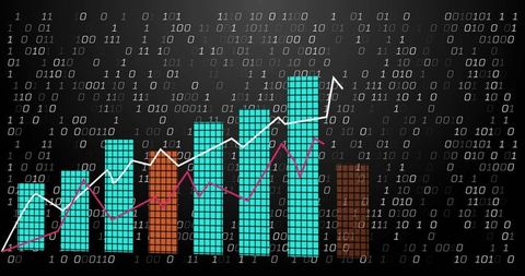 Digital binary bar chart showing growth trends with tiled bars and upward arrow