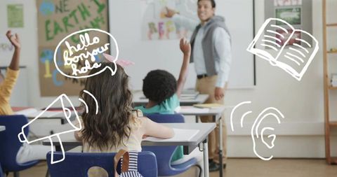 Teacher pointing in multilingual classroom, student raising hand, doodle icons
