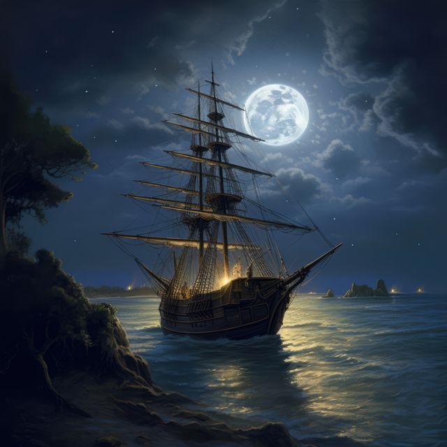 A majestic sailing ship navigates moonlit waters. Illuminated by a full moon, the vessel's journey evokes the romance of sea exploration.