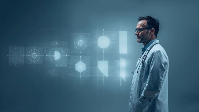 Doctor studying holographic medical interface with stethoscope and augmented reality display