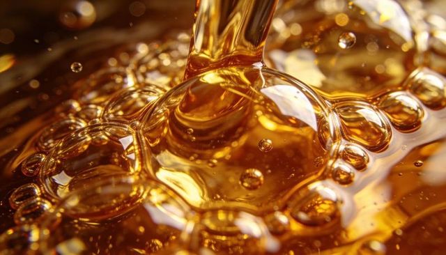 Pouring amber syrup creating glossy bubble texture macro close-up of viscous flow