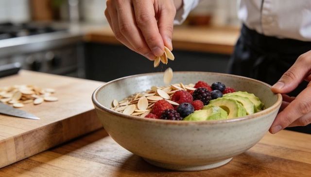 Hand sprinkling almond slices over avocado berry breakfast bowl on wooden counter