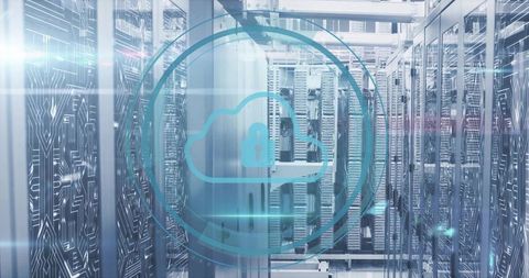 Cloud security overlay locking data center racks with futuristic blue interface for cybersecurity