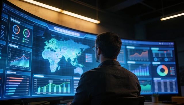 Monitoring analyst viewing global dashboards on curved monitors in control room