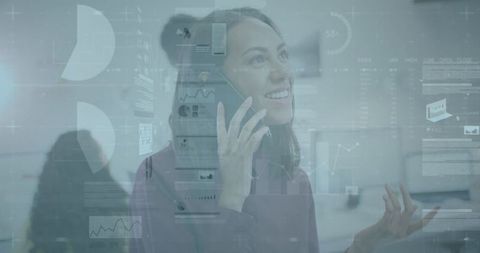 Professional Hispanic Woman Discussing Data on Smartphone in Modern Office