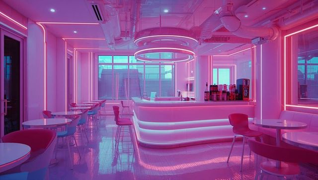 Futuristic Neon Cafe Interior with Vibrant Pink Lighting
