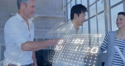 Corporate team shaking hands in modern office with binary data overlay, blueprints