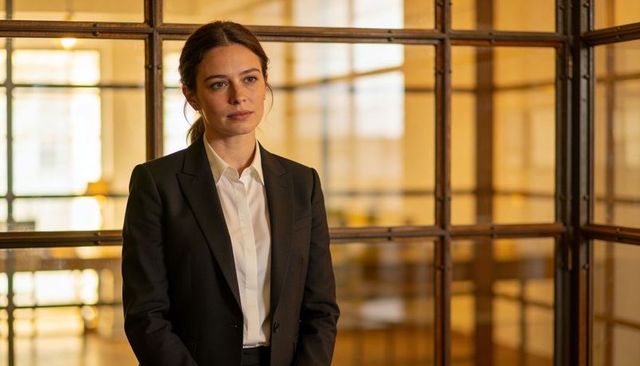 Confident businesswoman standing by glass partition in modern minimalist office, executive