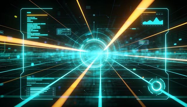 Pulsing cyber hub emitting neon rings and data beams in futuristic hud interface featuring grid trai