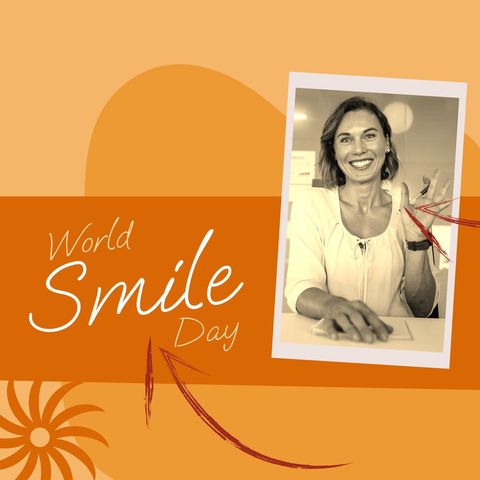 celebrating world smile day with happy woman on orange background - Download Free Stock Templates Pikwizard.com