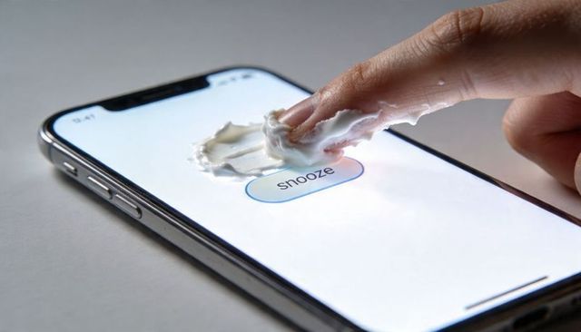 Finger smearing cream over snooze button on smartphone screen concept for morning laziness