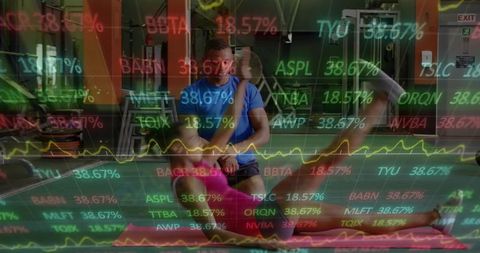 Trainer Assisting Client in Gym with Stock Market Overlay