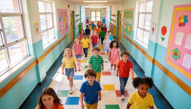 Elementary students walking down colorful school hallway wearing shirts and sneakers