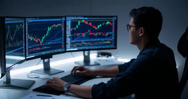 Trader Analyzing Stock Market Data at Night