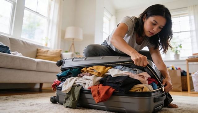 Woman closing overstuffed suitcase in sunlit living room preparing for weekend travel