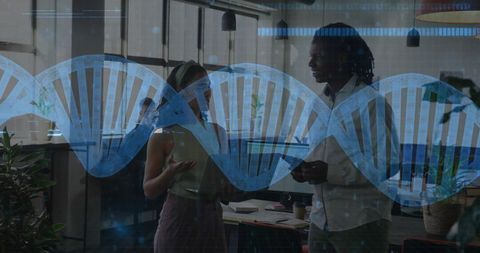 Colleagues Discussing DNA Research with Augmented Reality Visualization in Modern Office