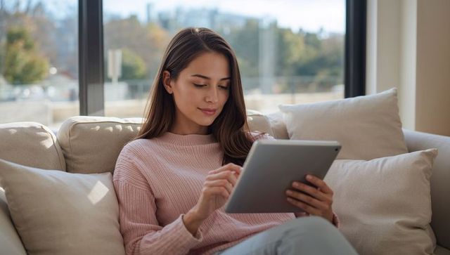 Asian woman relaxing on sofa using tablet in minimalist living room with natural light
