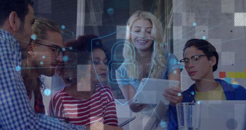 Diverse Coworkers Engaging Office Discussion with Digital Protection Overlay