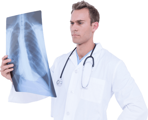 Male doctor analyzing chest x-ray with transparent background