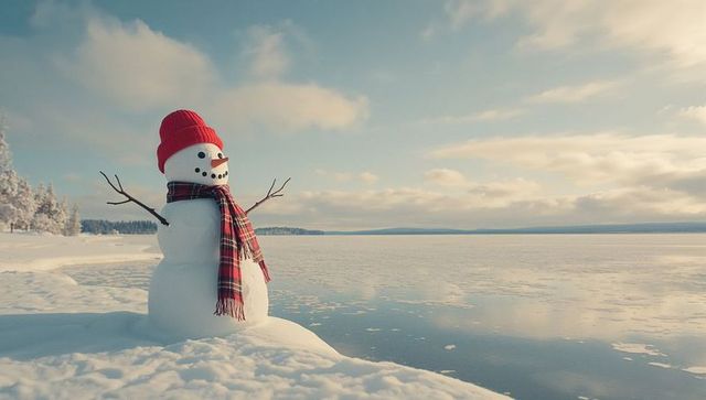 Charming snowman with red hat and scarf by frozen lake
