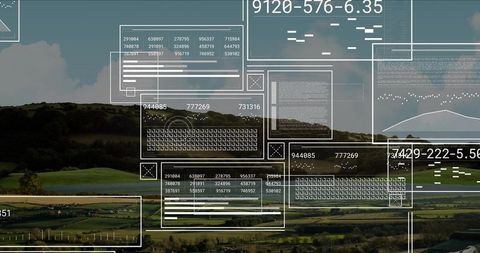 Futuristic data visualization over scenic rural valley